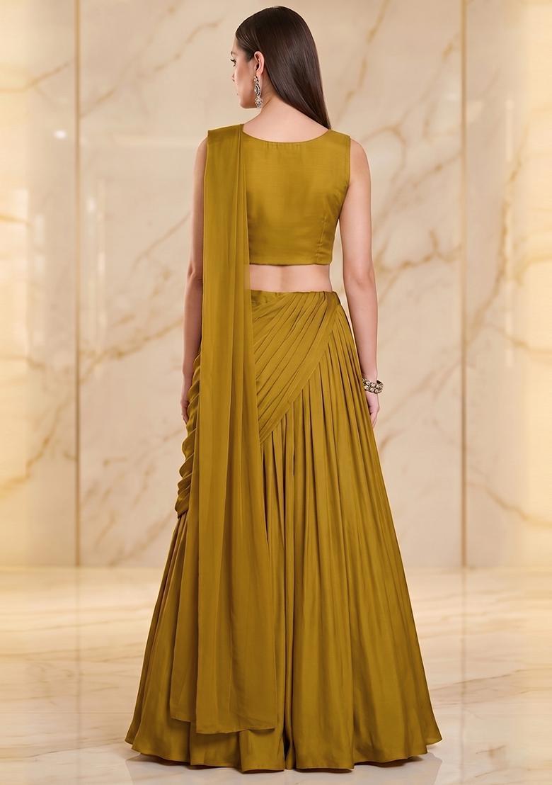Mustard Embroidered Handwork Pre Draped Saree Set - Indya