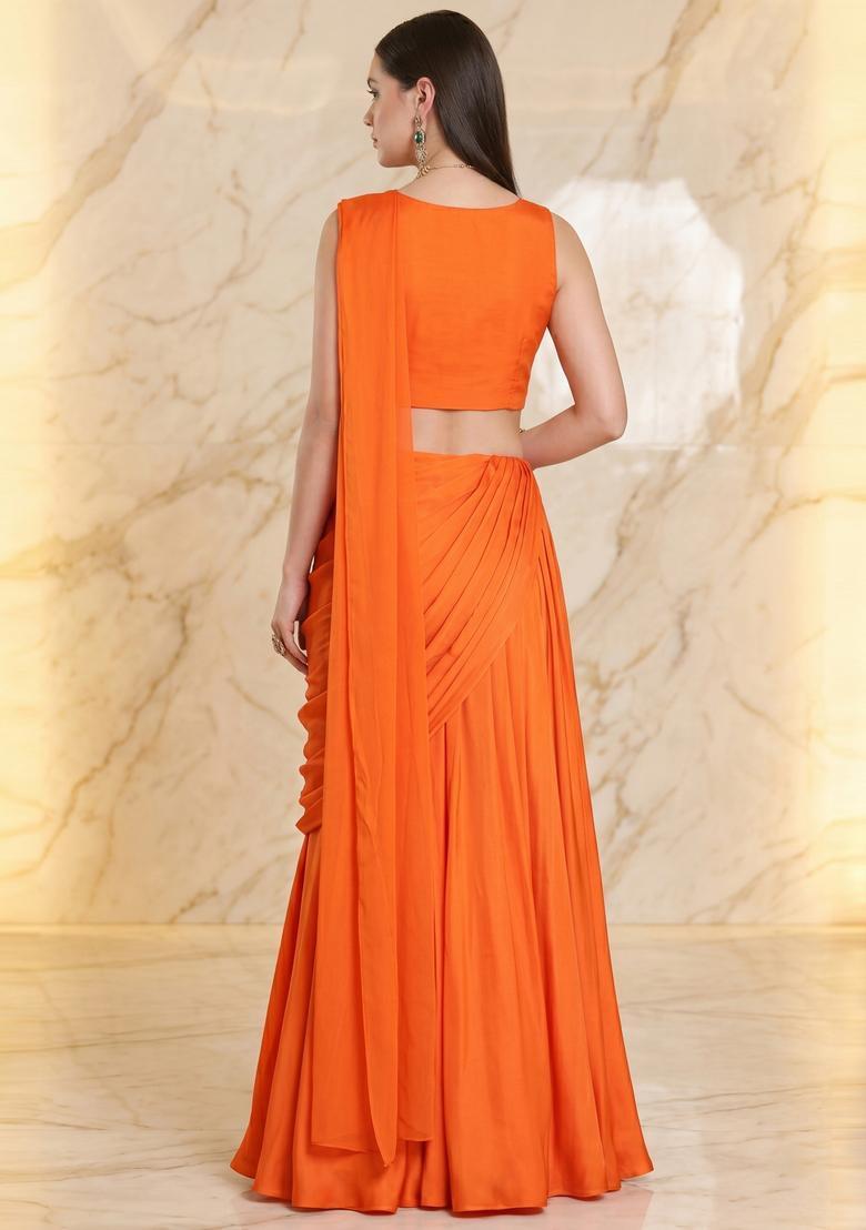 Bright Orange Embroidered Handwork Pre Draped Saree Set - Indya