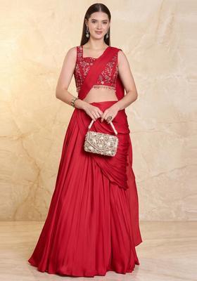 Crimson Red Embroidered Handwork Pre Draped Saree Set