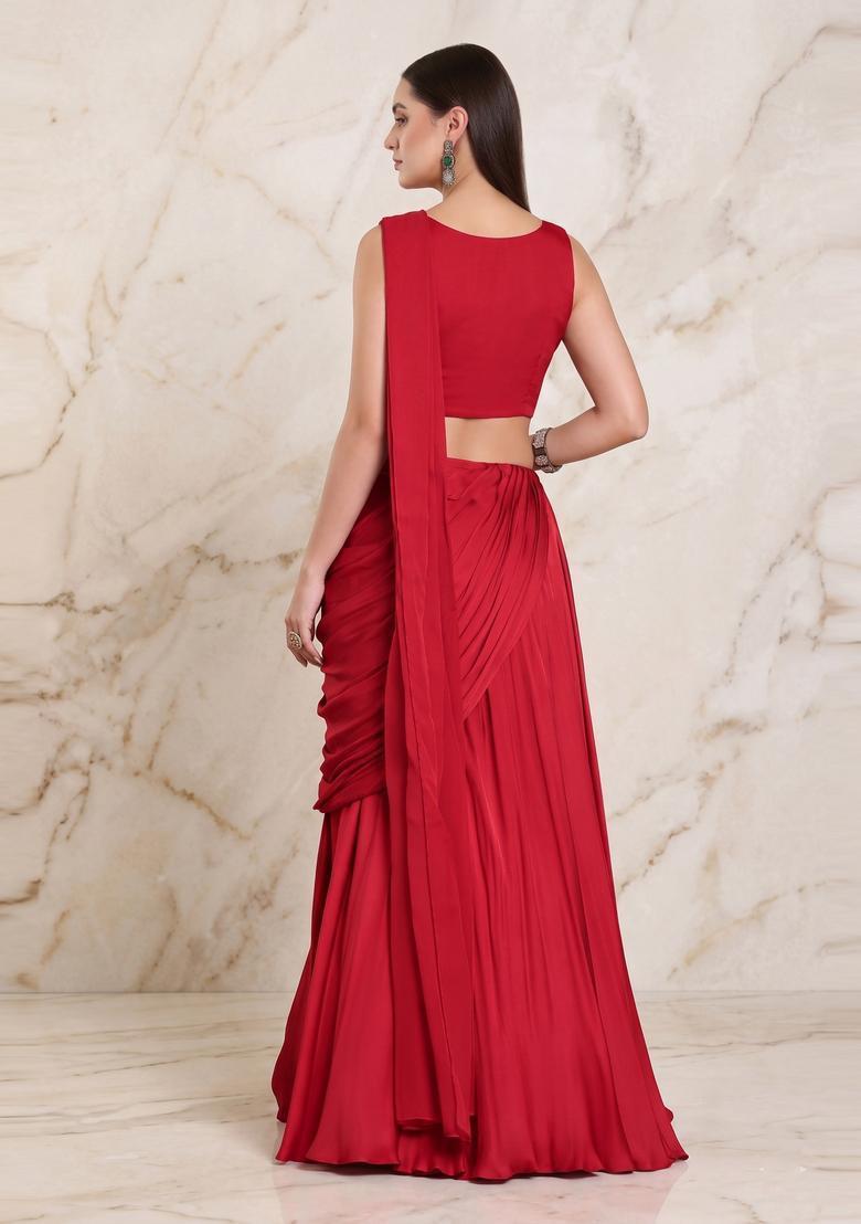 Crimson Red Embroidered Handwork Pre Draped Saree Set - Indya