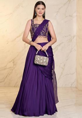 Deep Purple Embroidered Handwork Pre Draped Saree Set