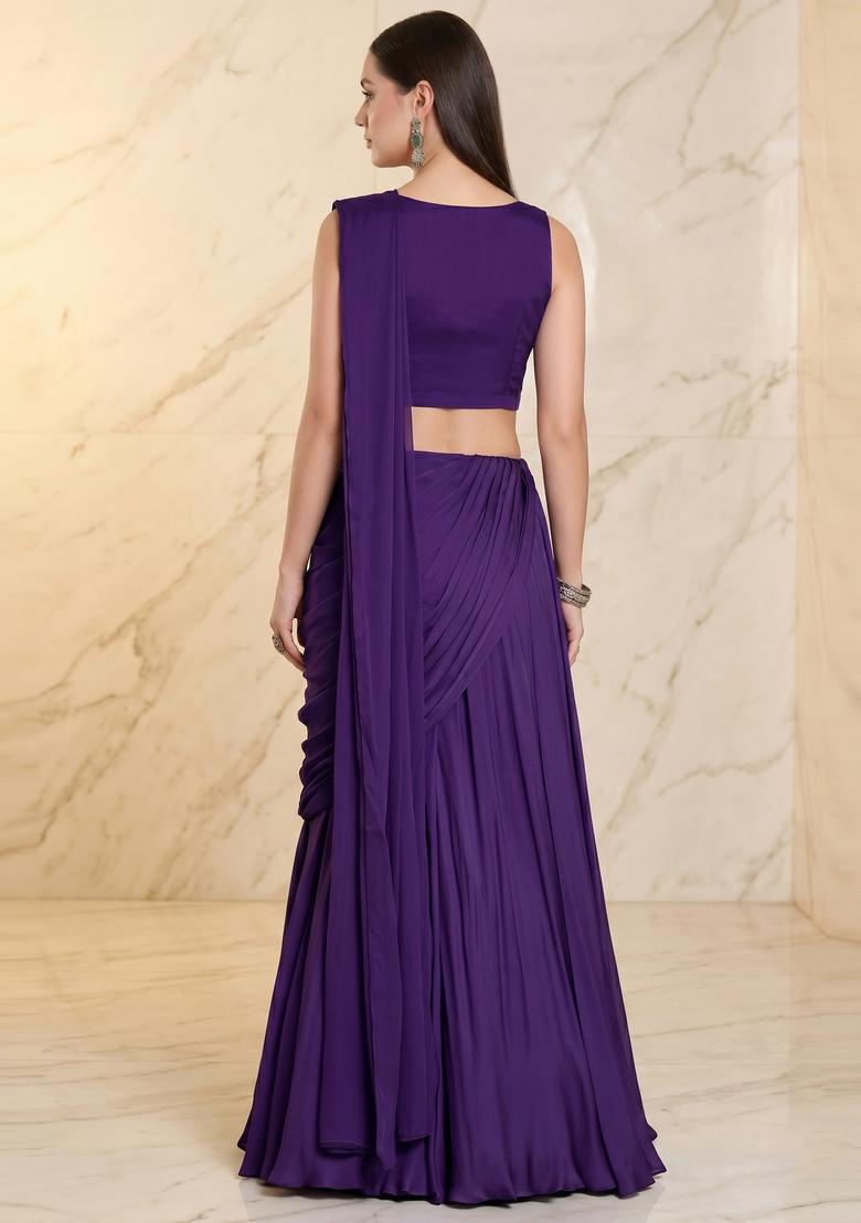 Deep Purple Embroidered Handwork Pre Draped Saree Set - Indya