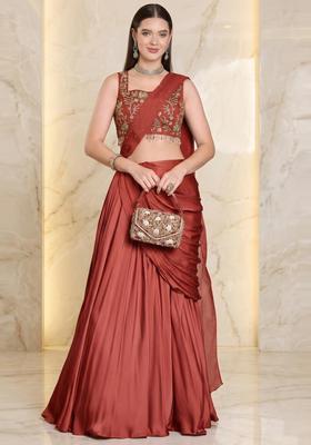 Dusty Red Embroidered Handwork Pre Draped Saree Set