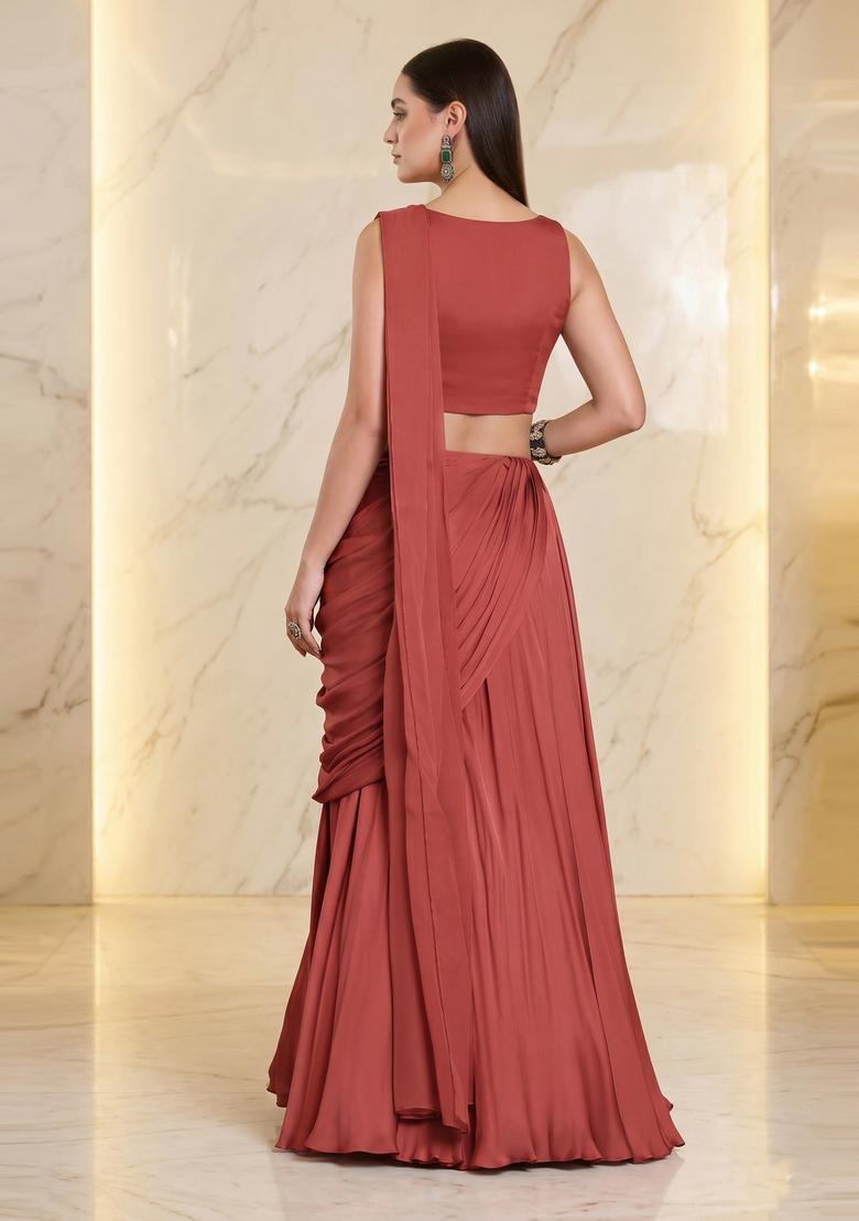 Dusty Red Embroidered Handwork Pre Draped Saree Set - Indya