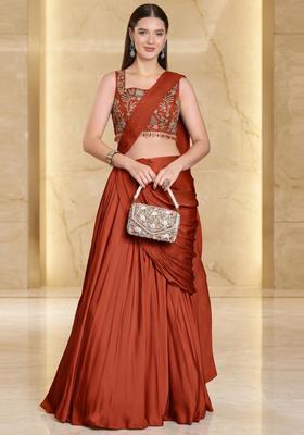 Burnt Orange Embroidered Handwork Pre Draped Saree Set