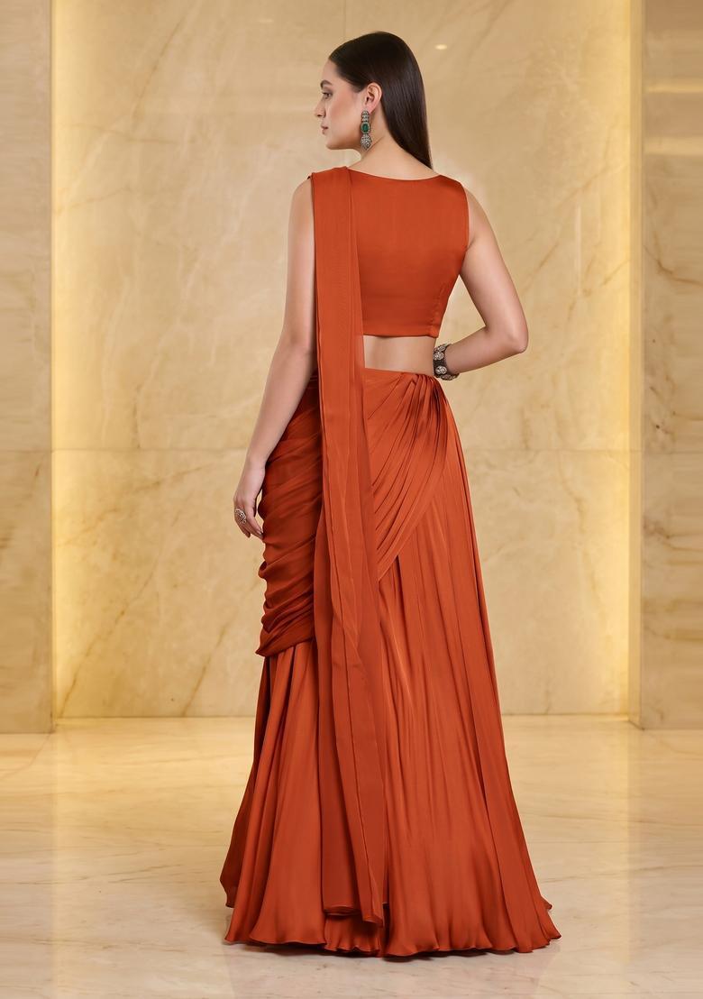Burnt Orange Embroidered Handwork Pre Draped Saree Set - Indya