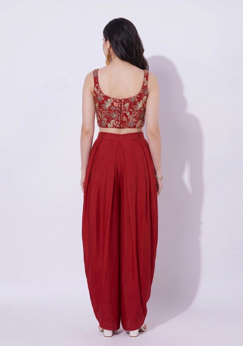 Deep Red Embroidered Crepe Fusion Set - Indya