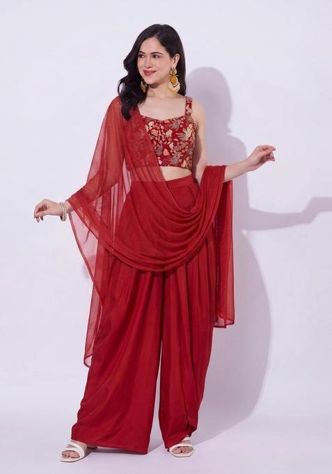 Deep Red Embroidered Crepe Fusion Set