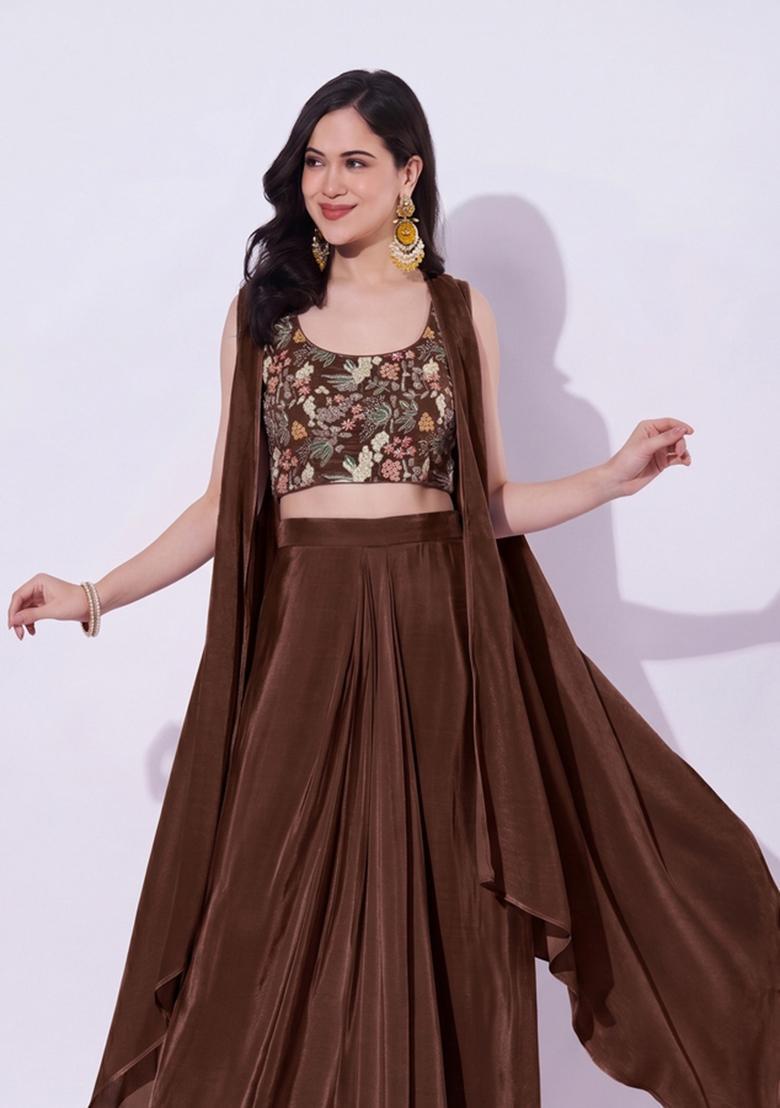 Chocolate Brown Embroidered Crepe Fusion Set - Indya