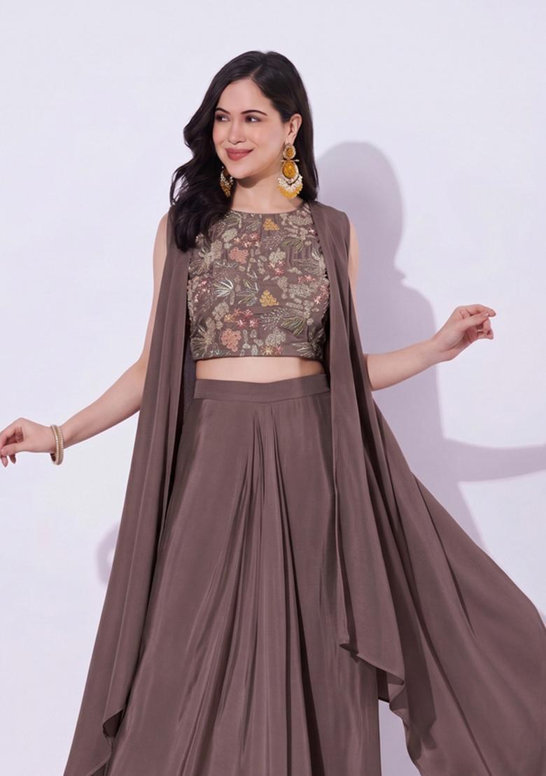 Coffee Brown Embroidered Crepe Fusion Set - Indya
