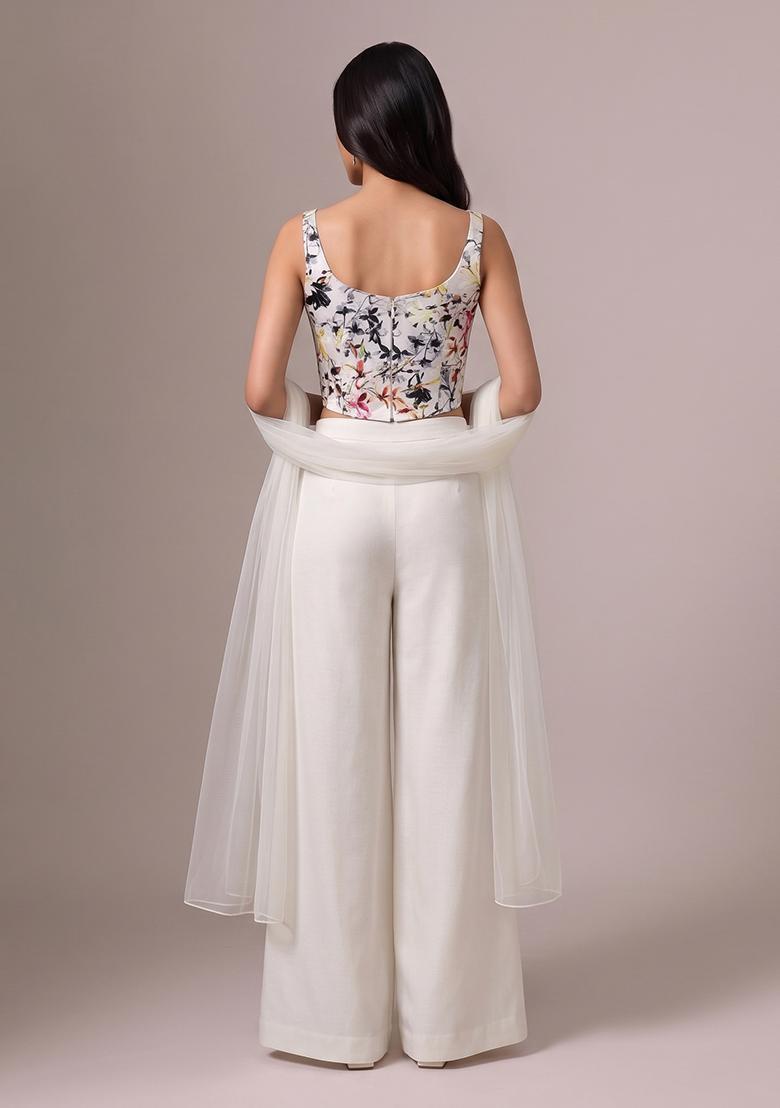 Off White Floral Print Silk Blend Fusion Set - Indya