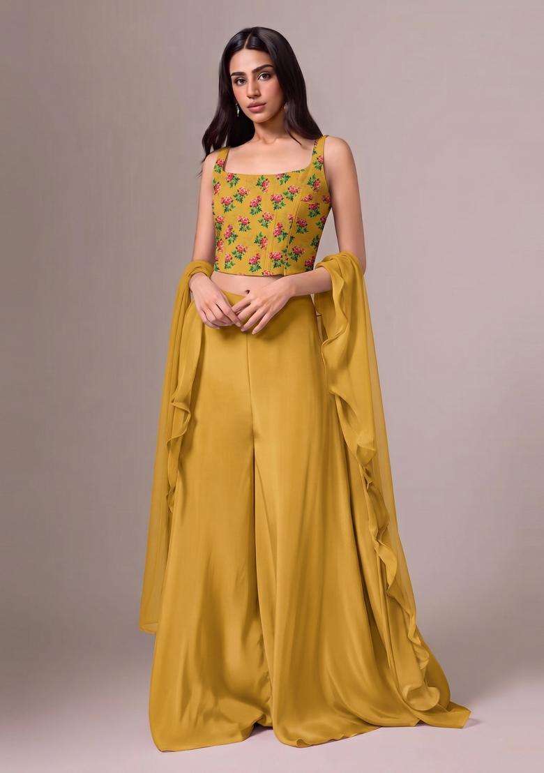 Mustard Floral Print Silk Blend Fusion Set - Indya