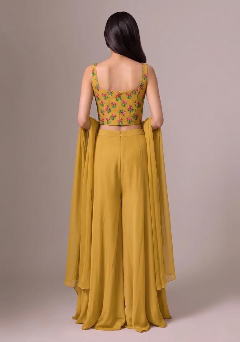 Mustard Floral Print Silk Blend Fusion Set - Indya