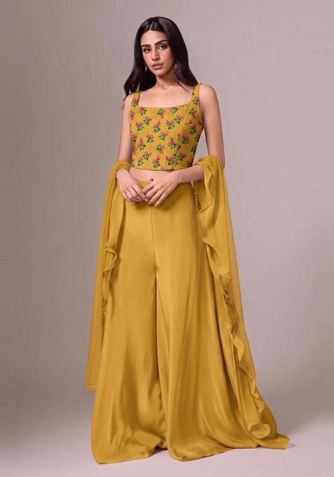 Mustard Floral Print Silk Blend Fusion Set