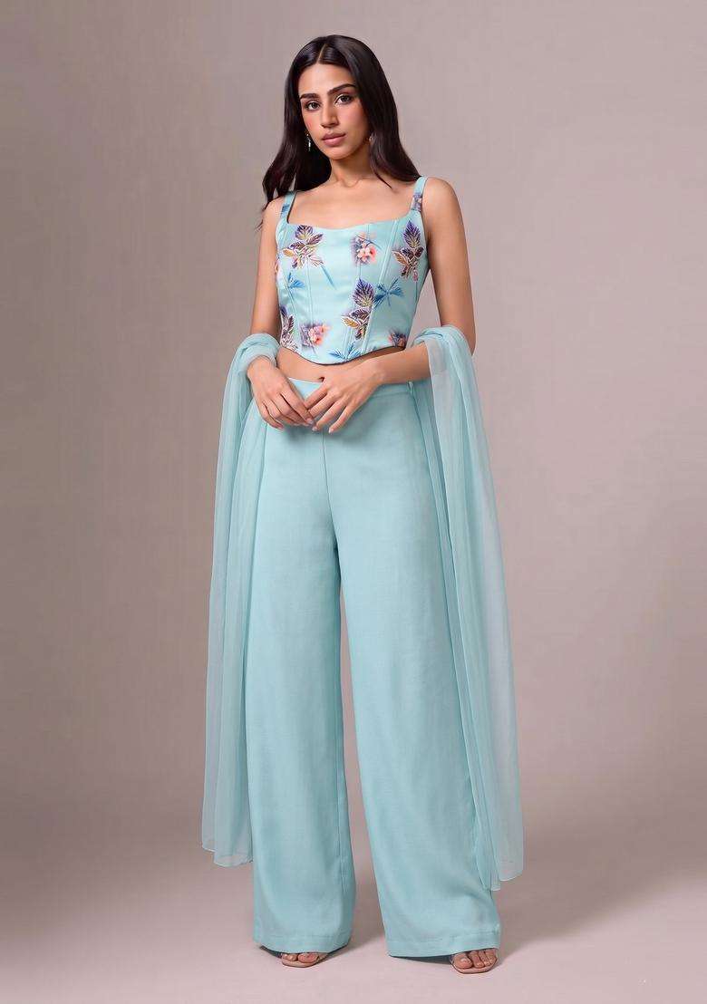 Light Blue Printed Silk Blend Fusion Set - Indya