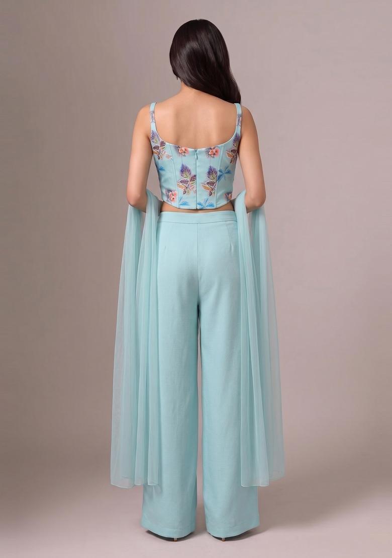 Light Blue Printed Silk Blend Fusion Set - Indya