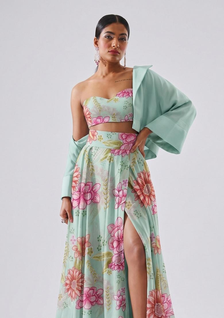 Mint Green Embroidered Organza Fusion Set - Indya
