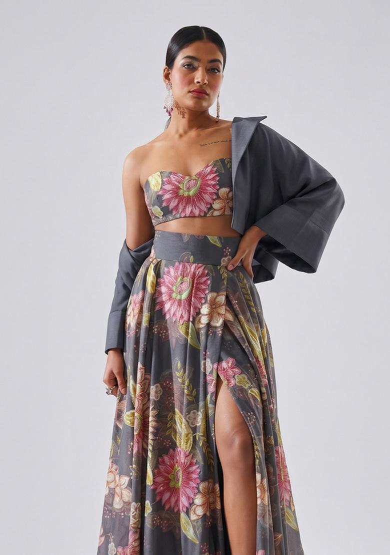 Slate Grey Embroidered Organza Fusion Set - Indya