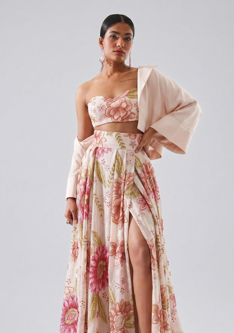 Soft Peach Embroidered Organza Fusion Set - Indya