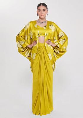 Lime Green Floral Print Satin Fusion Set