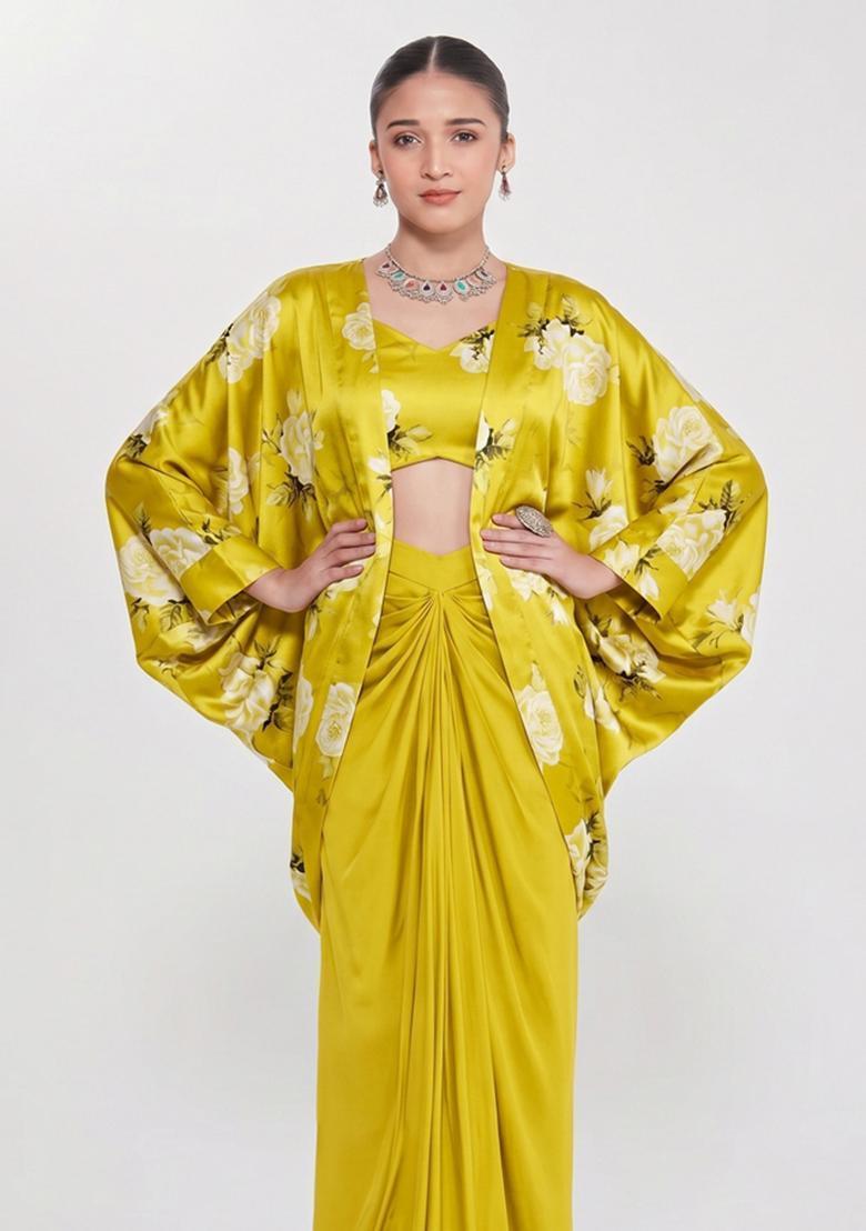 Lime Green Floral Print Satin Fusion Set - Indya