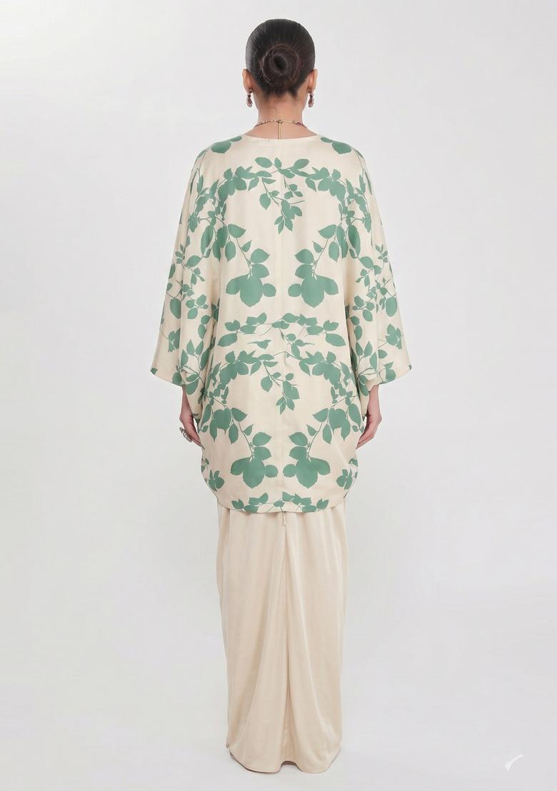 Ivory Beige Floral Print Satin Fusion Set - Indya