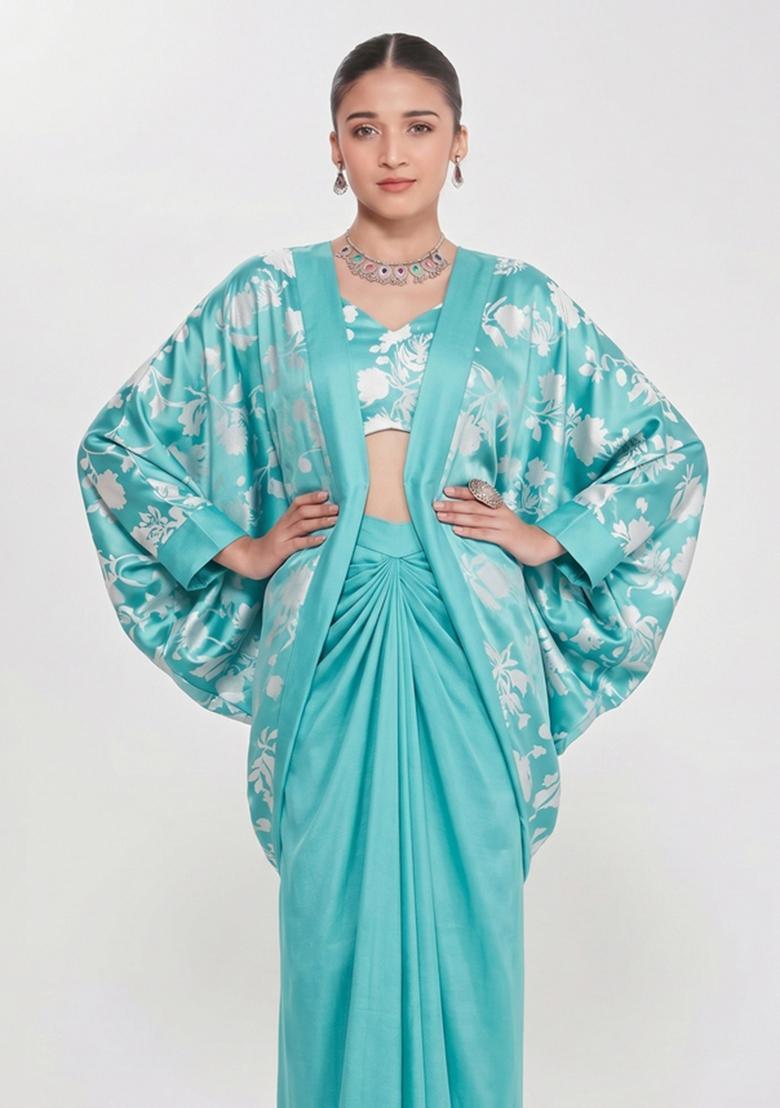 Sky Blue Floral Print Satin Fusion Set - Indya