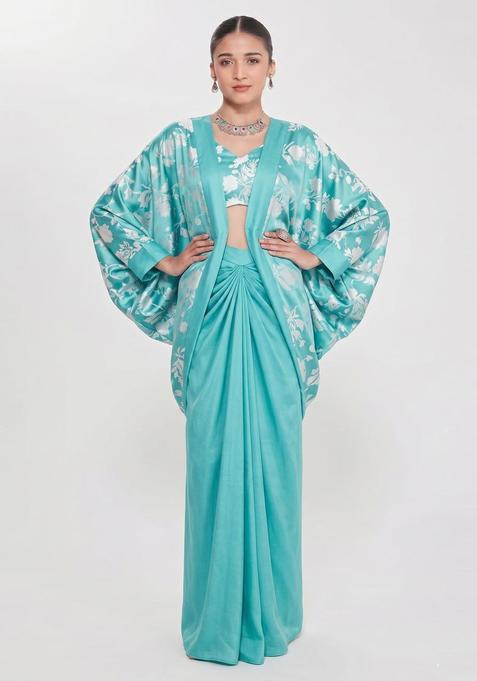 Sky Blue Floral Print Satin Fusion Set