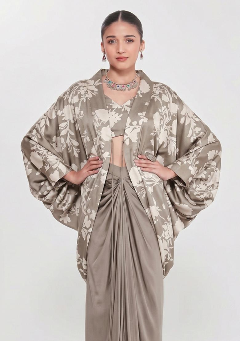 Slate Grey Floral Print Satin Fusion Set - Indya