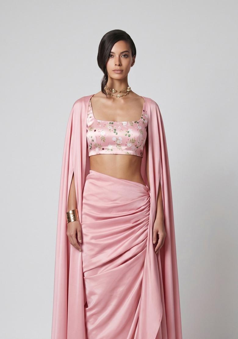 Pastel Pink Floral Print Satin Fusion Set - Indya