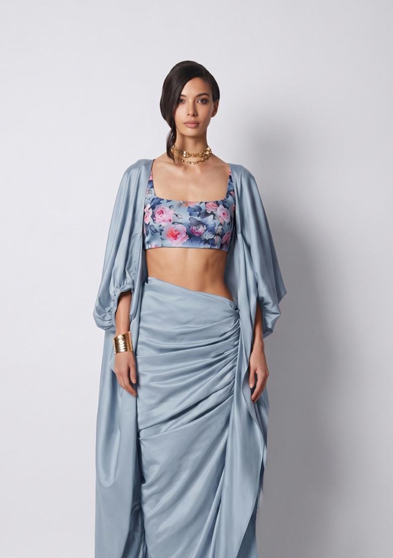 Slate Blue Floral Print Satin Fusion Set - Indya