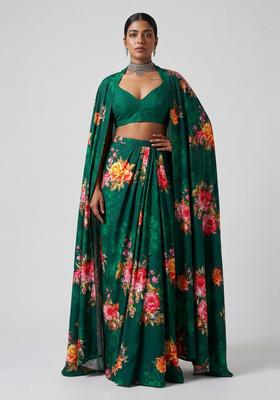 Emerald Green Floral Print Satin Fusion Set
