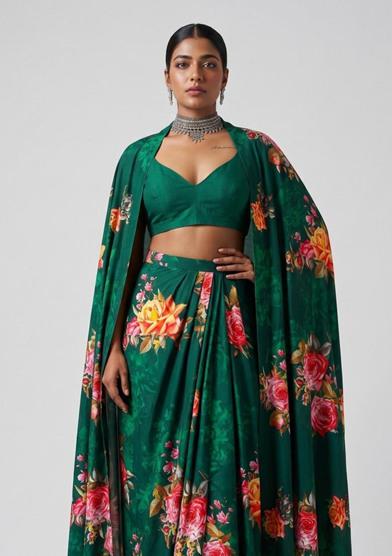 Emerald Green Floral Print Satin Fusion Set - Indya