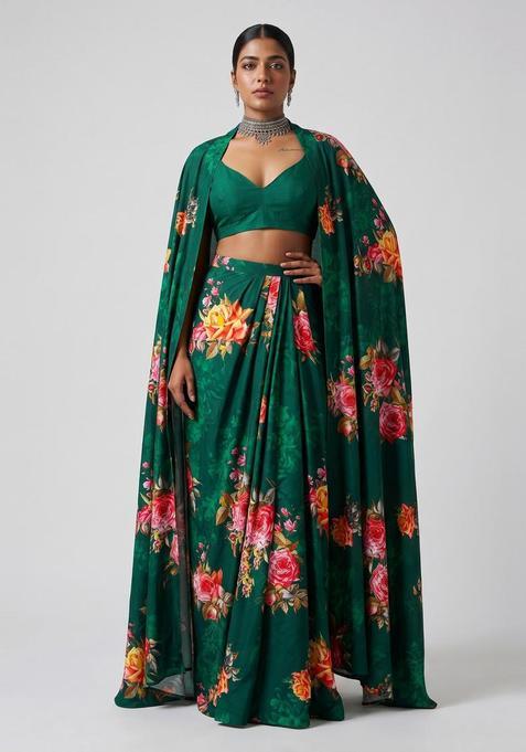 Emerald Green Floral Print Satin Fusion Set