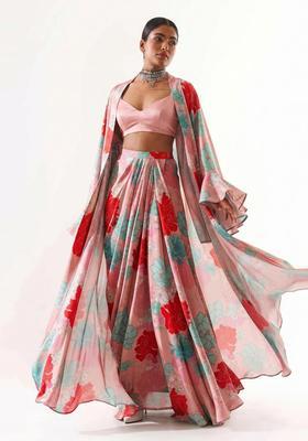Pastel Pink Floral Print Satin Fusion Set