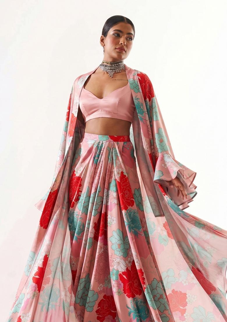 Pastel Pink Floral Print Satin Fusion Set - Indya