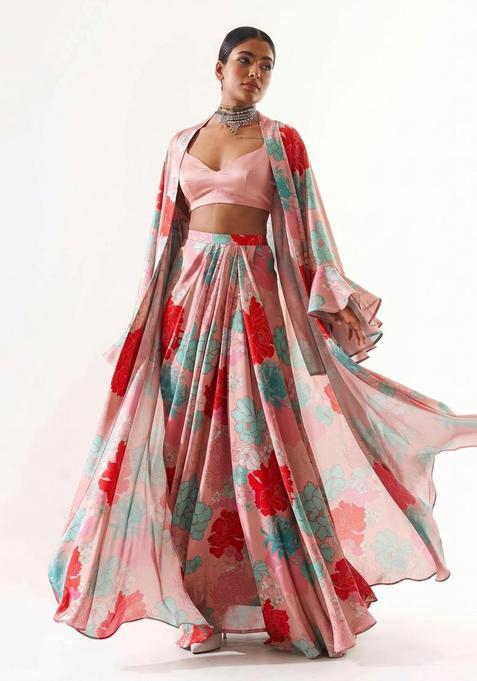 Pastel Pink Floral Print Satin Fusion Set