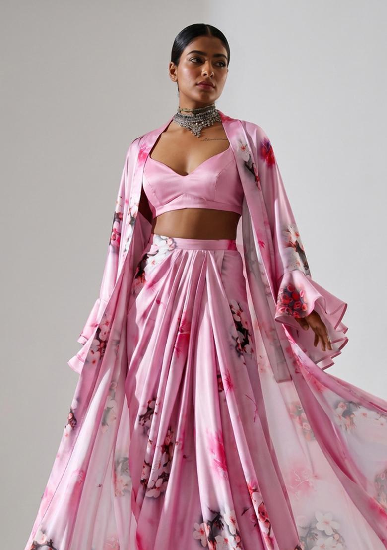Pink Floral Print Satin Fusion Set - Indya