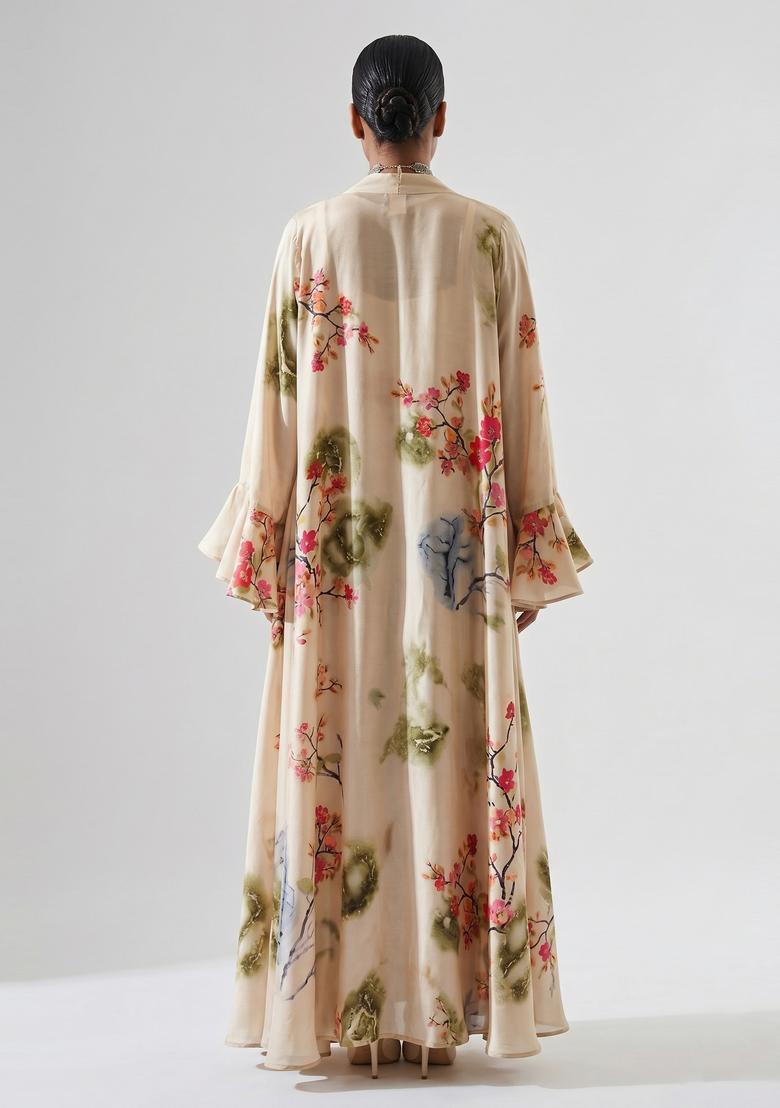 Cream Beige Floral Print Satin Fusion Set - Indya