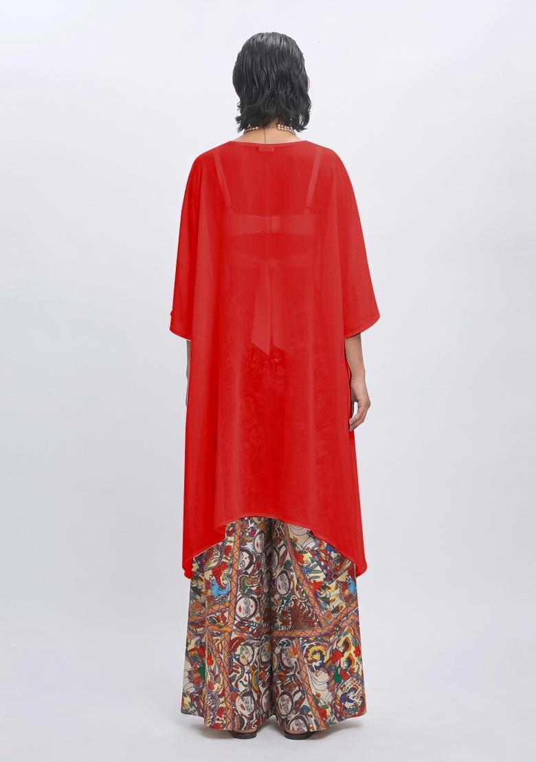 Red Figure Print Satin Fusion Set - Indya