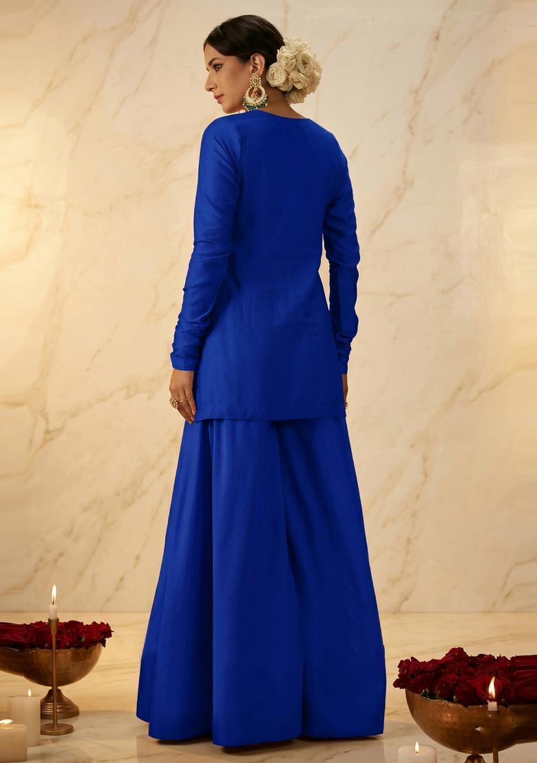 Royal Blue Embroidered Handwork Sharara Set - Indya