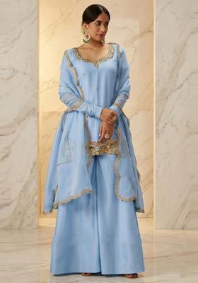 Powder Blue Embroidered Handwork Sharara Set