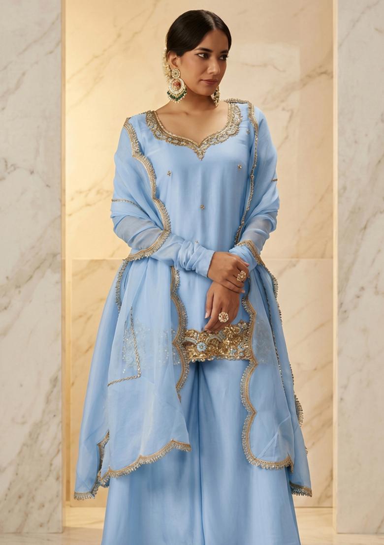 Powder Blue Embroidered Handwork Sharara Set - Indya