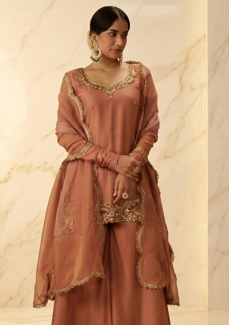 Beige Embroidered Handwork Sharara Set - Indya