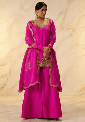 Magenta Pink Embroidered Handwork Sharara Set