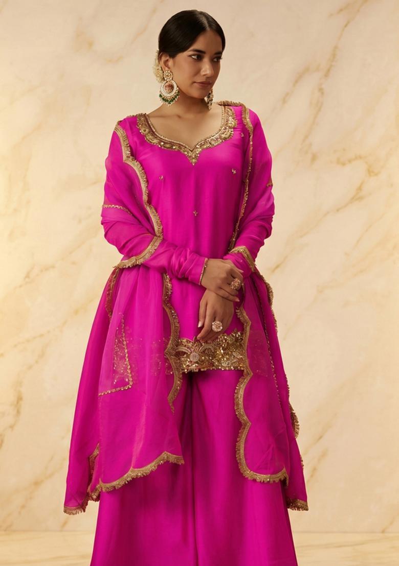 Magenta Pink Embroidered Handwork Sharara Set - Indya