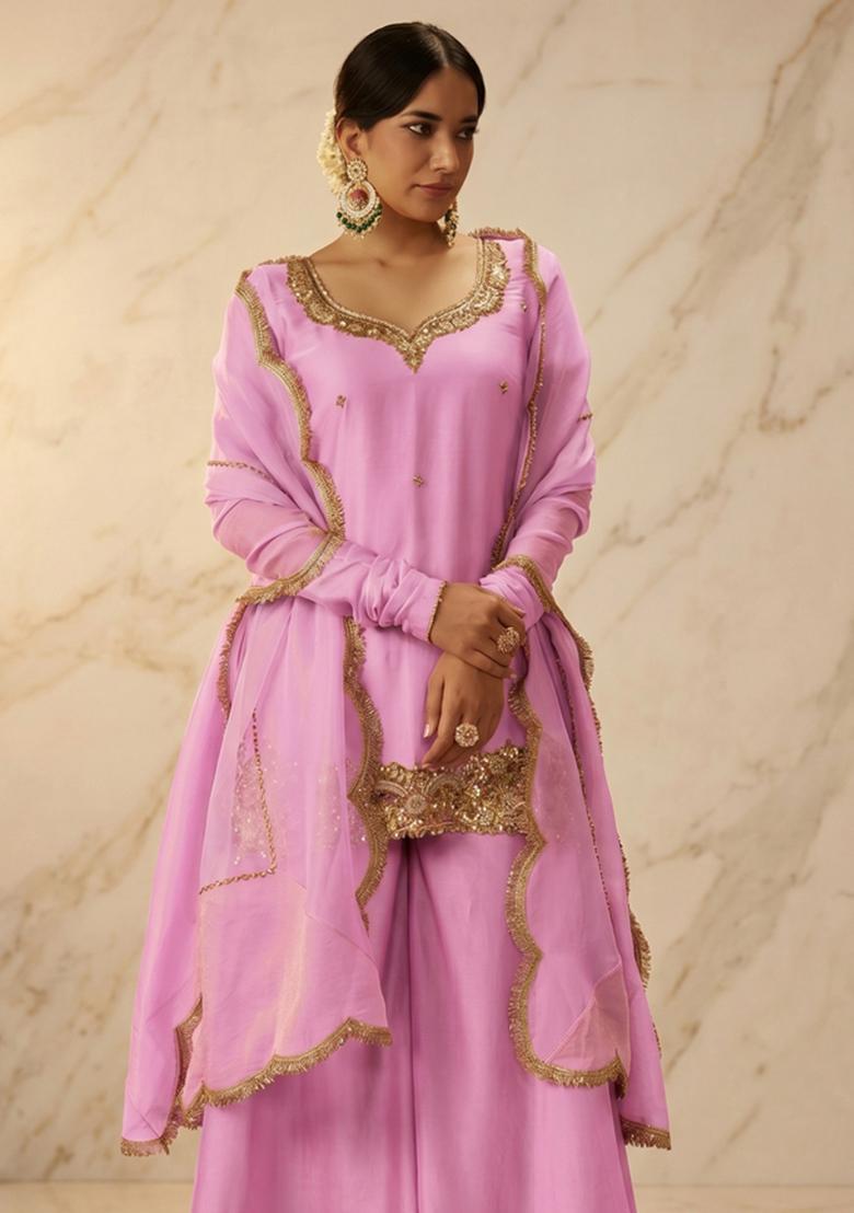 Rose Pink Embroidered Handwork Sharara Set - Indya