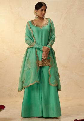 Mint Green Embroidered Handwork Sharara Set