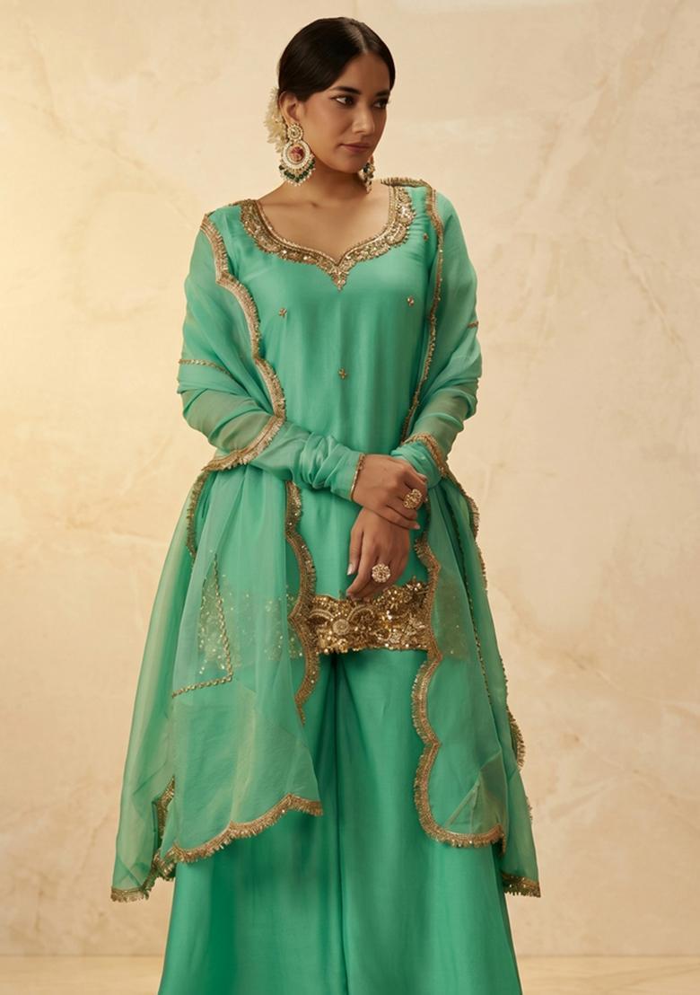 Mint Green Embroidered Handwork Sharara Set - Indya