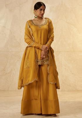 Mustard Embroidered Handwork Sharara Set